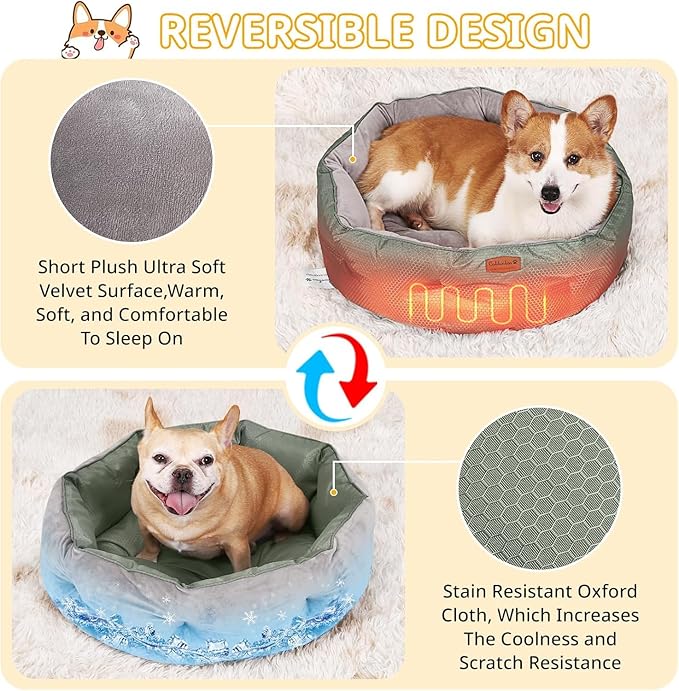 Dual-Sided Pet Bed, Reversible Dog Bed for Small Dogs & Cats with Removable Washable Cover, Warm Plush & Cool Oxford Fabric, Non-Slip Bottom, Grey 20x20 Inch