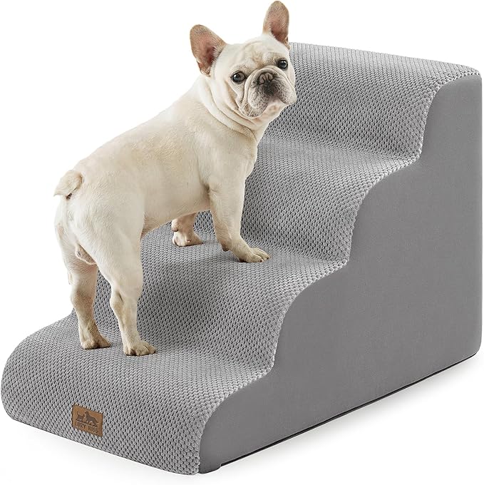 Dog Stairs for Small Dog 19.7" H, Pet Step for Puppy, Older Cat, Curved Ramp for High Bed or Car, Stairs with High Density Foam, Lightweight, Durable, 4 Step, 17.7x28x19.7 inch, Grey
