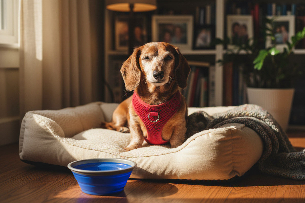 A small senior dog (like a Chihuahua or Dachshund) wearing a soft, red harness, sitting calmly beside a collapsible bowl and a plush orthopedic bed. Warm indoor lighting. Style: gentle, caring, inclusive.