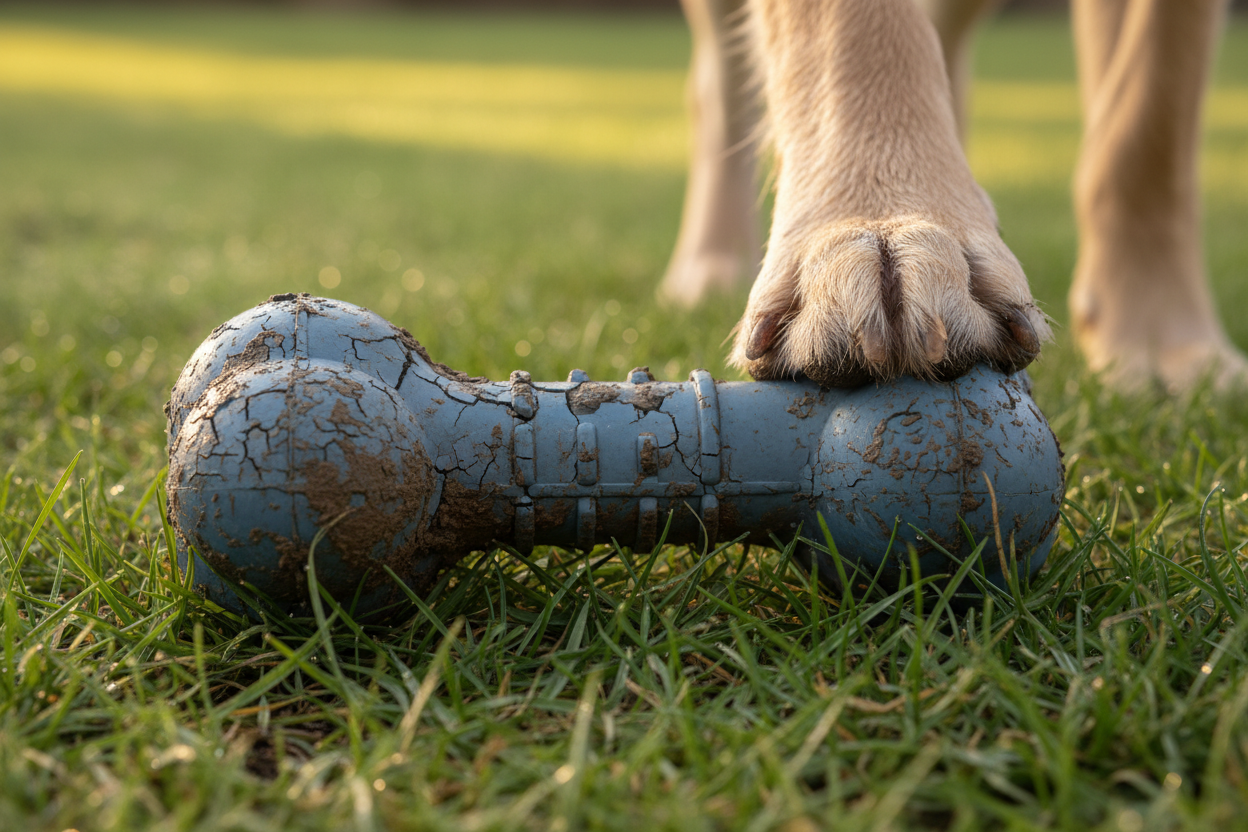 Close-up of a muddy, slightly scuffed—but intact—rubber dog toy in grass, with a Labrador’s paw resting beside it. Natural light, outdoor setting. Style: authentic, rugged, dog-tested.