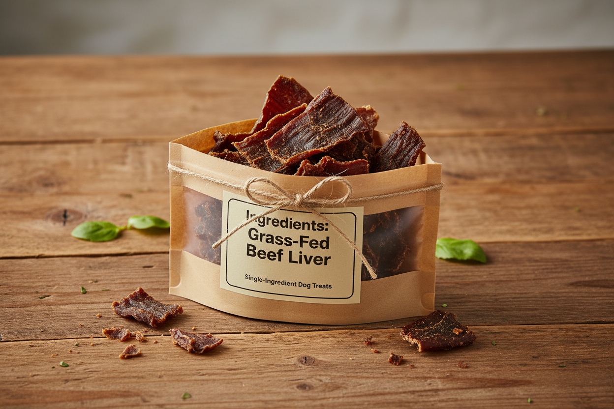 Flat lay of an open treat bag showing whole jerky pieces, with a label that reads “Ingredients: Grass-Fed Beef Liver.” Rustic wood background, soft focus. Style: clean, honest, premium pet nutrition.